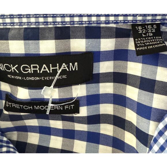 Nick Graham Dress Shirt Stretch Modern Fit Blue Plaid w/Tie 16 16 1/2 32-33 Lg - Picture 6 of 10